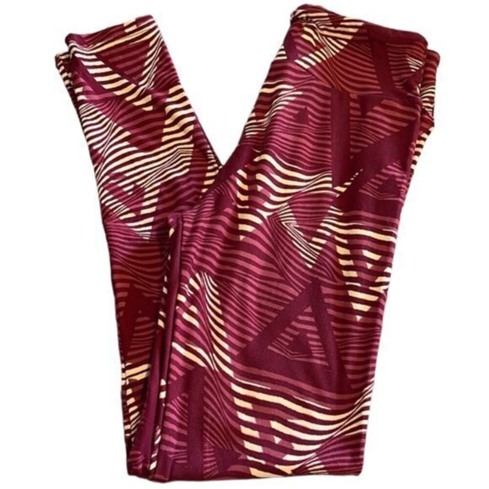 Women's Lularoe Tan/Maroon Triangle Stripes Buttery Leggings Size O/S EUC #4198